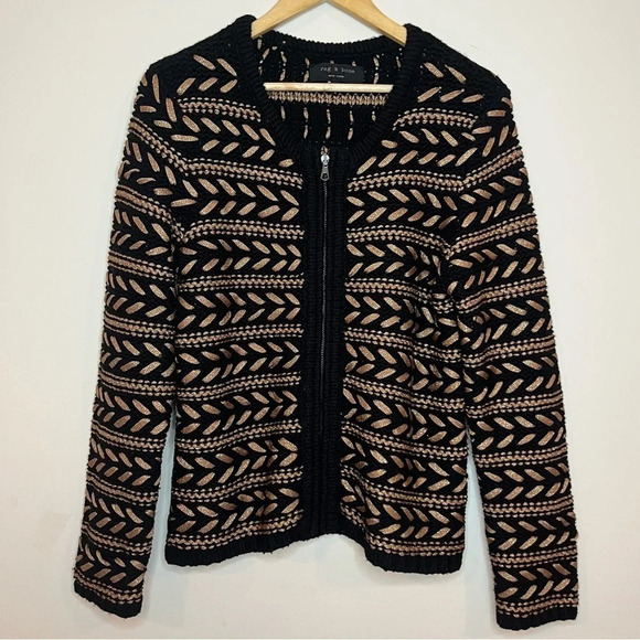 RAG & BONE Lisbeth Lambswool Blend Metallic Gold Zipup Knit Cardigan - Picture 2 of 9